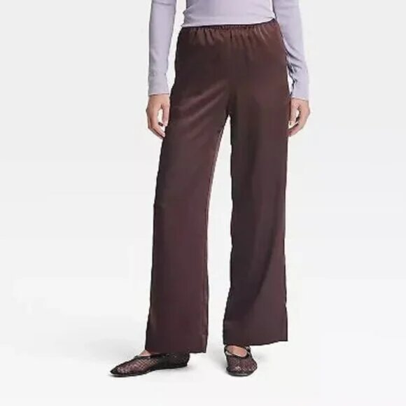 a new day Pants - A New Day Medium Brown Mid-Rise Satin Pull-On Pants Size Large